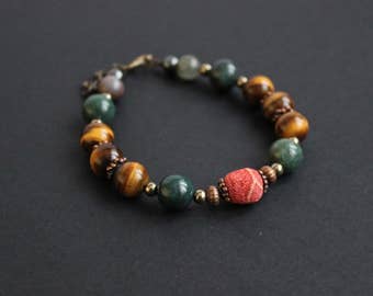 Brown green gemstone bracelet Pyrite stone Orange coral bracelet Tiger eye's jewelry Jasper bracelet Protection good luck powerful bracelet
