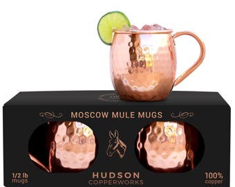 100% Copper Mugs - Moscow Mule Mugs - Not Lined - Set of 2 - Hammered Finish - Handmade - Large Handle - 1/2 Pound Each - Pure Solid Copper