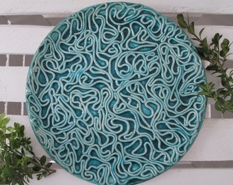 ceramic platter, turquoise plate, decorative tray, ceramic plate with patterns, ceramic tray, turquoise appetizer, handmade serving plate