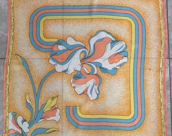 Vintage Paoli Scarf orchid Flower in tones of coral, light blue and yellow