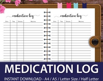 Medication Log, Medication Planner, Medication Tracker, Health Journal, Dikibook A5, Marion Smith, Color Crush Inserts, Color Crush Planner