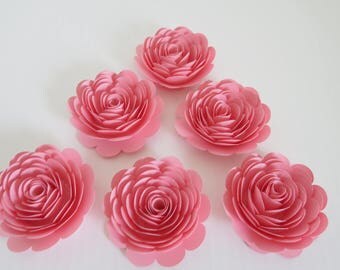 Pink Roses, 3" Paper Flowers, Set of 6, Baby Shower Decorations, Wedding Place Card Holders, Bridal Shower Decor, Baby Nursery Wall Art
