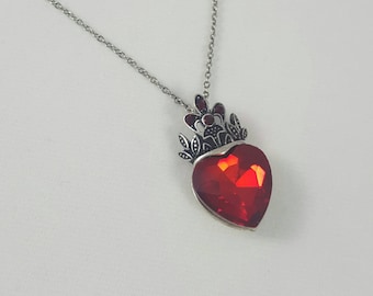 Queen of Hearts Necklace, Evil Queen, Antique Silver Crown and Faux Ruby Pendant, Alice in Wonderland Jewelry
