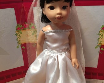 Fits 14.5" American Wellie Wishers Doll Clothes, Girl,Fits 14 inch Hearts for Hearts Wedding Dress or First Communion Gown White Silk