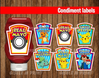 Pokemon Condiments Label, Printable Pokemon Condiments Label, Pokemon party Condiments Label instant download