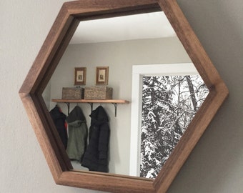 Hexagon Mirror with Walnut Wood Frame