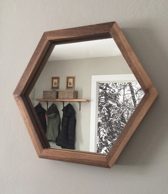 Hexagon Mirror with Walnut Wood Frame