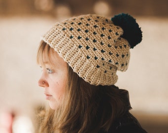 Fair Isle Heart Beanie--Cream and Teal--Adult