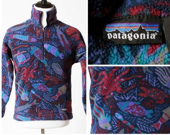 Vintage Patagonia Fleece Jacket Windbreaker 1/2 Zip Pullover - 90s Vintage Retro Fish Ocean Print Men's Small S Women's Medium M Made in USA