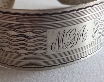 Genuine Vintage Wide engraved Sterling silver cuff bracelet with initials MGA