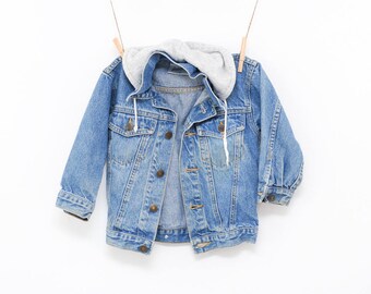 childrens vintage jean jacket | denim jacket boys girls | 90s hooded denim coat | 90s grunge kids size large