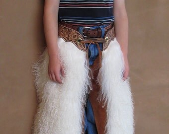 Angora woolie chaps, angora chaps, angora decor, floral tooling, little buckaroo chaps, sized for 2-5 year old, western decor, cowboy gear