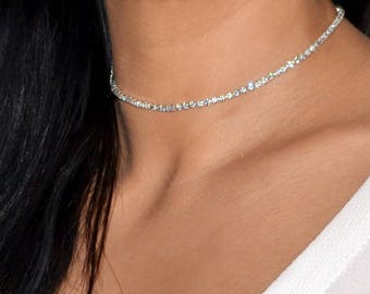 VERITY 1/2/3/4/6/8 Row Diamante Crystal Choker Necklace Rhinestone Choker Necklace Sparkle Choker Silver Necklace