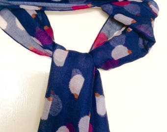 Hedgehog print scarf / women's lightweight scarf / woodland animal hedgehog gifts / blue and pink ladies scarf