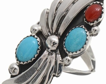 Turquoise Coral Ladies Ring Navajo Silver Sizes 5-1/2 to 10