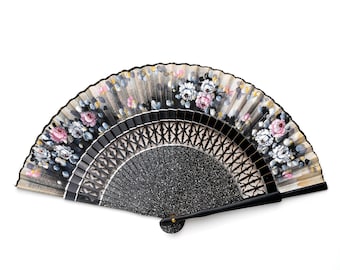 Vintage fan, Japanese blossom fan, 1960's fan, hand painted fan, floral fan, black fan, blossom print fan, floral fan