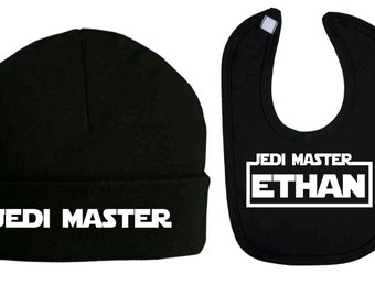 Personalised Jedi Master Star Wars Inspired Beanie Hat and Bib Set Baby Clothes Baby Bibs Baby Shower Gifts Baby Star wars new baby gifts