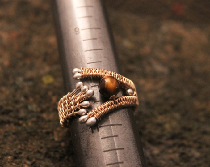 Adjustable Gold Fill and Pure Silver Wire Weave Ring with Tiger's Eye Bead; Wire Weaved Jewelry, Statement Ring Mens or Ladies Gift for Her