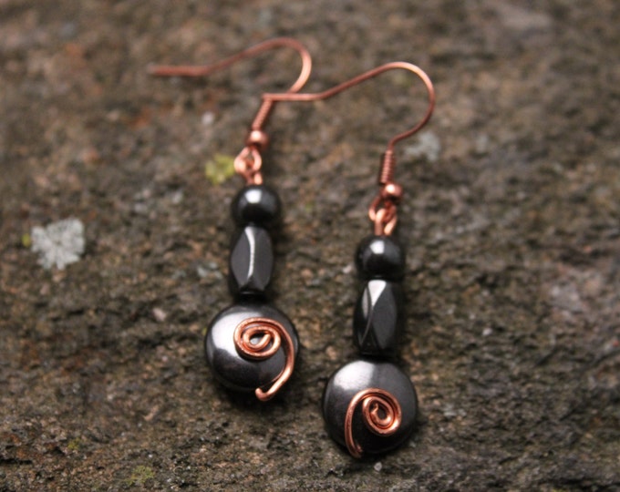 Metallic Hematite Bead Earrings with Copper Wire Wrap Spiral Swirl and Copper French Hook Earrings, Dangle and Drop Earrings, Gift for Her