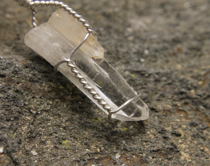 Crystal Point Sterling Silver Wire Wrap Pendant, Quartz Tip Necklace Natural Stone Jewelry Valentines Day Gift for Him or Her Mens or Ladies