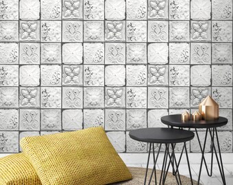 Brooklyn Photo Realistic Tin Tile Effect Wallpaper White