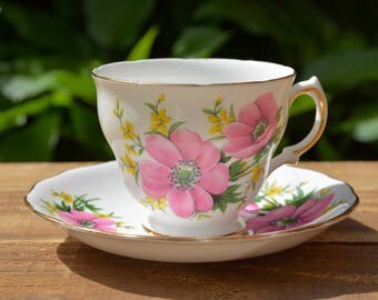 Vintage Tea Cup Set by Royal Vale, Tea Cup and Saucer Set, English Bone China, Bridal Tea, Bridal Tea Party, Made in England, Pink Floral
