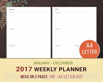 2017 Weekly Planner, WO2P Planner Printable, Weekly Agenda, Weekly Goals, Week on 2 Pages, 2017 Planner Inserts, Daily Planner, A4, Letter