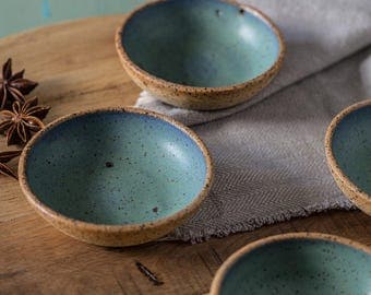 Small ceramic bowls, SET OF TWO, Spices bowls, Blue and green serving dish, Tapas bowls, Candle holder, Rustic pottery, Housewarming gift