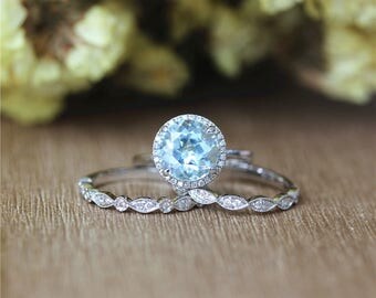 Fancy Natural 10mm Round Aquamarine Ring,Half Eternity Diamonds Band Set in 14K White Gold/Wedding&Engagement Ring/Promise Ring/Bridal Set