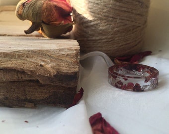 Ring epoxy resin . Eco ring red rose and silver flakes . Natural jewelry