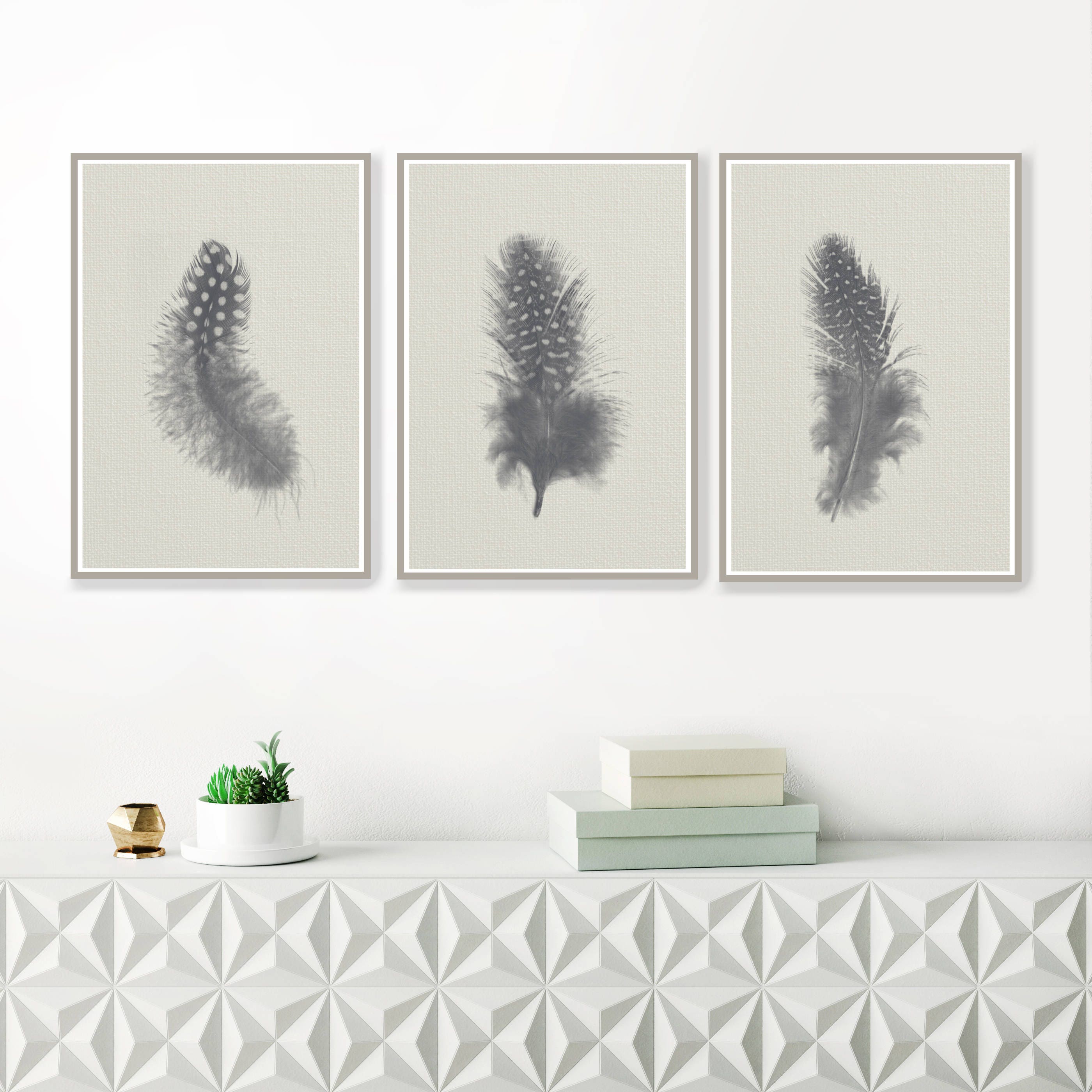 Feather Wall Art a set of three minimalist feather prints, grey wall art, guinea Feather Wall Art a set of three minimalist feather prints, grey wall art, guinea