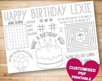 Customised Birthday Colouring Activity Page , Party Favour Game for Kids / Placemat / Birthday Coloring Page, WordSearch, Maze, Personalised