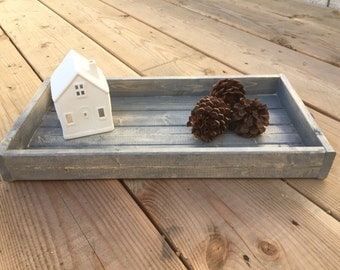 Weathered Grey Wooden Tray with Black Handles