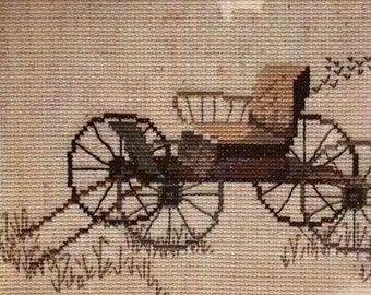 farm wagon carriage needlepoint, framed, vintage handmade, rural country, neutrals