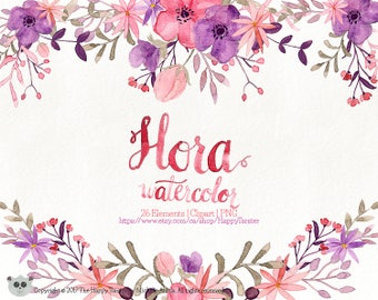 80% OFF! Watercolor Flora 02 Clipart, Flowers Clipart, Flower, Floral, Wreath, Bouquet, PNG, Clip Art, Watercolour, Purple, Pink