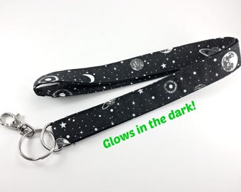 Glow In The Dark Space Lanyard, Moon and Stars Lanyard, Galaxy Badge Holder, Car Key Holder, ID Badge Clasp