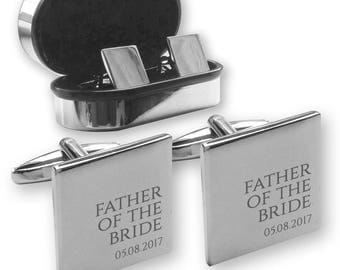 Personalised engraved FATHER of the BRIDE wedding cufflinks, in a chrome coloured presentation box - RR1