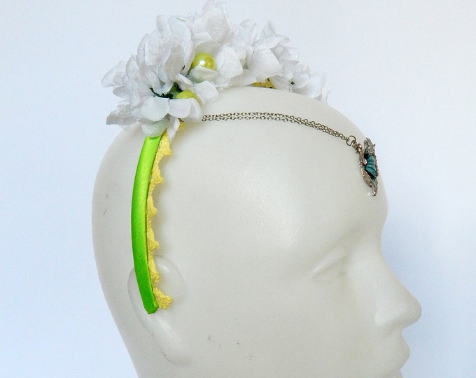 Flower crown headband, floral crown, flower headband, flower wreath, butterfly headband, flower head crown, white wedding flower crown