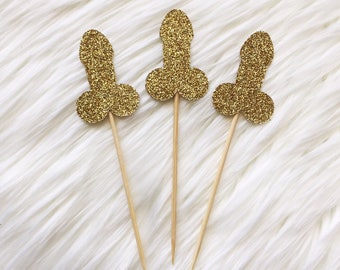 10 x Penis - Bachelorette - Hens - Party - Cupcake Cake Topper - Decoration - Glitter - Gold Any Colour - Decor