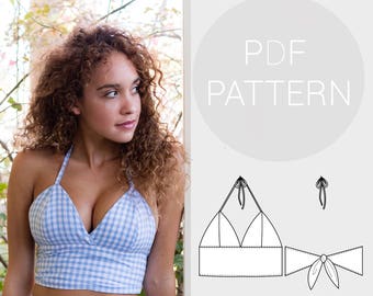 Womens halter neck bralet style cropped-top, with tie back fastening. PDF printable sewing pattern.