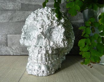 painted skull, Skull gift, skull sculpture, alternative skull, skull decoration, pretty skull, silver skull, faux skull, skulls on skull