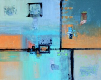 Abstract Modern Mixed Media Acrylic Painting Collage in Aqua