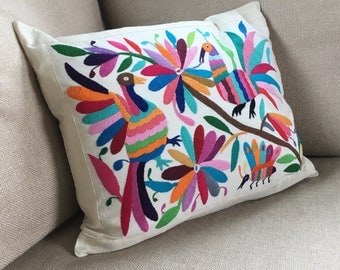 Large, Hand Embroidered, Colorful Otomi Mexican Pillow