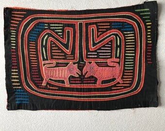 Authentic Vintage Colorful Kuna Indian Mola Folk Art Cat Fabric
