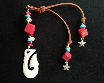 Walking Stick Accessory - Decorative Pendant, Maori-Style Bone Carving, Bamboo Sea Coral
