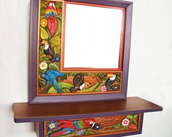 Console and mirror in wood carved with birds/console and mirror on wood carved with motifs of birds
