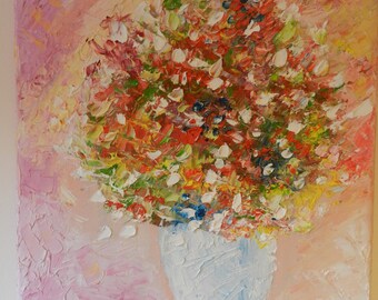 Original Oil Painting Impasto Abstract Romantic Flowers in Vase , Pink Colors Wedding , Anniversary , Valentine's day Gift Present , Small
