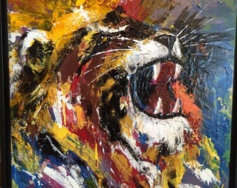 Yawn/Roar Original framed painting, portrait of lion