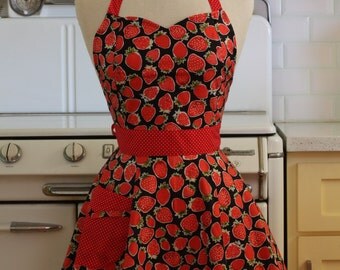 Retro Full Apron Strawberries on Black - BELLA