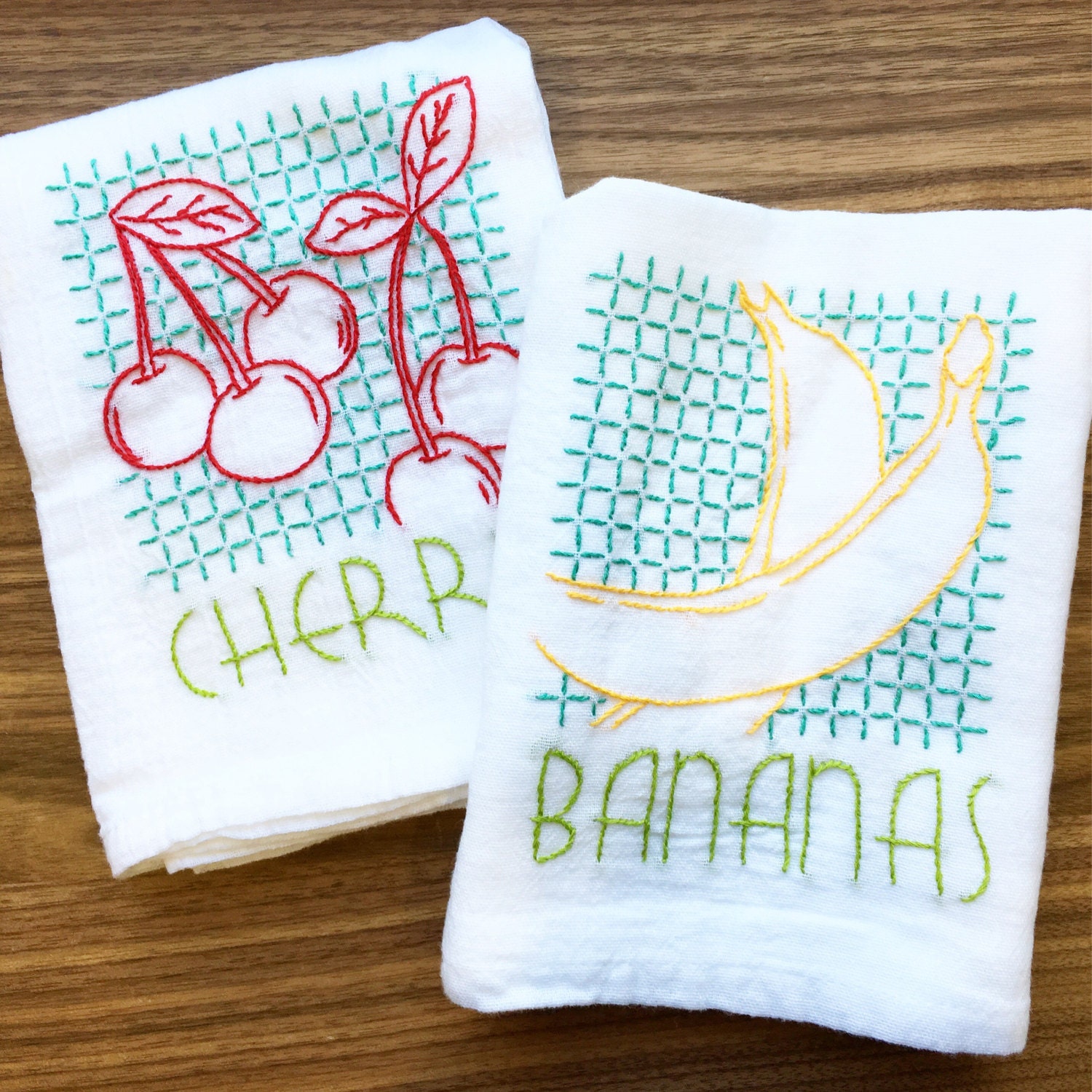 Vintage Fruit Hand Embroidered Dish Towels Bananas/Cherries